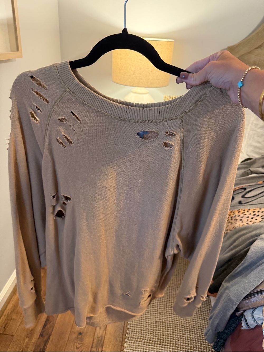 aerie Distressed Crewneck Sweater - Taupe